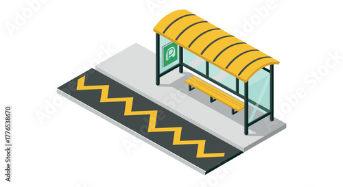 Isometric yellow bus stop with shelter and bench on platform