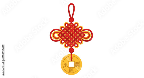 Chinese knot ornament with gold coin for good luck and prosperity