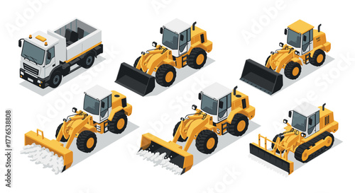 Isometric construction vehicles set featuring loader and truck in yellow