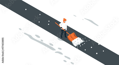 Isometric winter scene with person shoveling snow on road