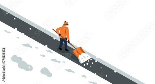 Isometric winter scene with person shoveling snow on sidewalk