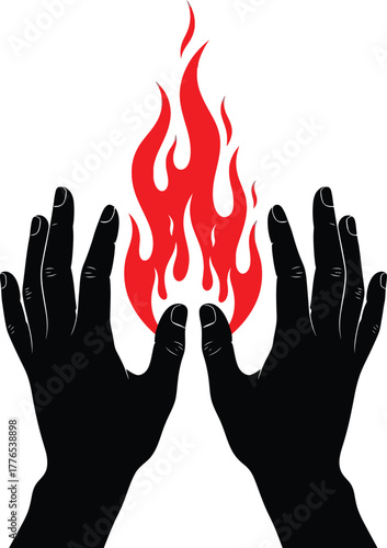 Black silhouette hands holding or creating a vibrant red flame, symbolizing energy, magic, power.