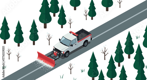 Snowplow clearing forest road in winter isometric scene