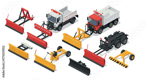 Isometric snow plow trucks and attachments set for winter maintenance and road clearing