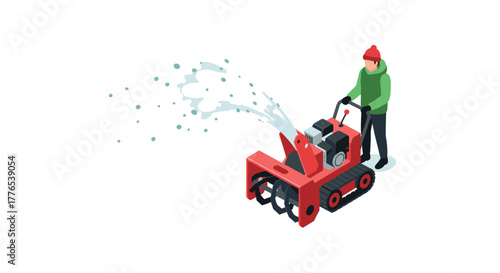 Isometric snow blower operation by person in winter gear on white background