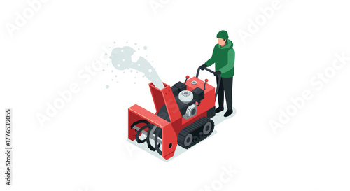 Isometric worker operating red snow blower on white background