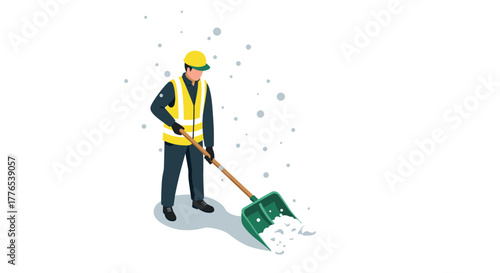 Worker clearing snow with shovel in winter scene