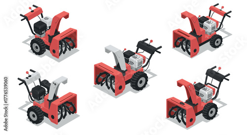 Isometric snow blower set in red and gray tones on white background