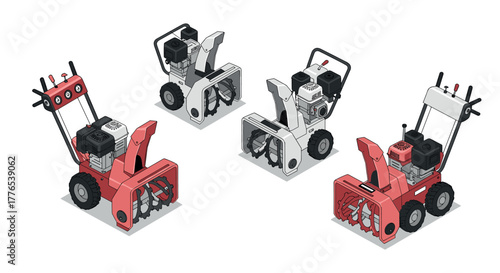 Isometric snow blowers design red and white winter equipment collection
