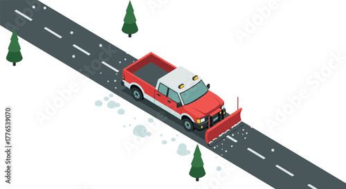 Winter road clearing with isometric snow plow truck on snowy highway