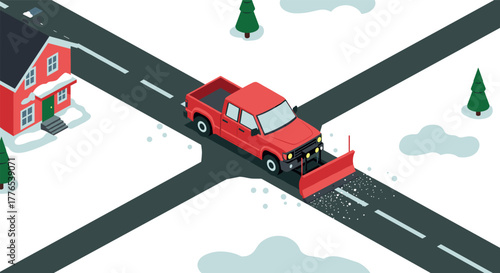 Snow plow truck clearing winter road in isometric style with red house and pine trees