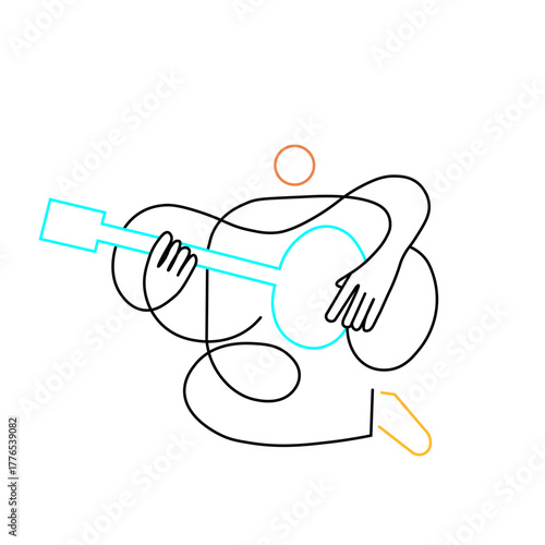 Minimalist one line drawing of a person playing guitar, abstract continuous line art musician illustration on white background