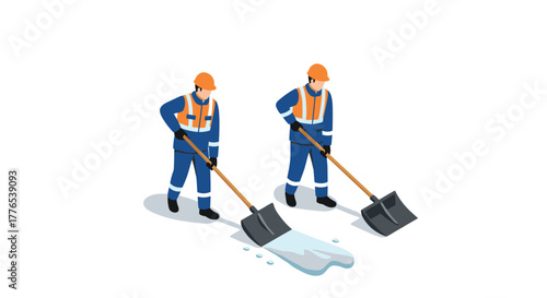 Workers in safety gear using shovels to clean up water spill in isometric style