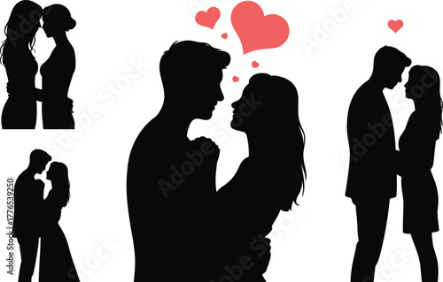 Silhouettes of Couples Embracing with Hearts love romance