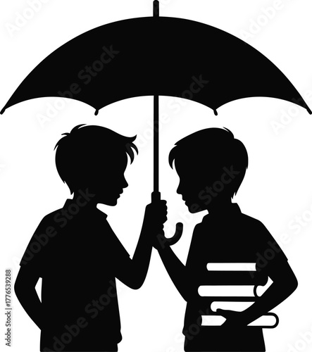 Silhouette of Two Boys Sharing an Umbrella with Books