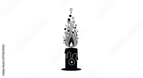 A stylized black candle with a melting wax and a flame transforming into geometric shapes, symbolizing ideas and creativity.
