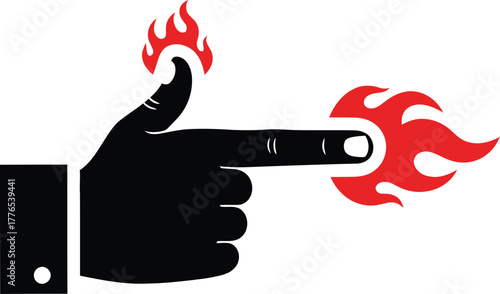 Hand pointing gesture with fire icon design element. power, anger, warning, danger concept vector.