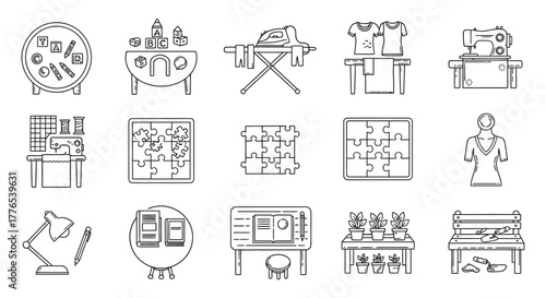 hobbies and leisure icons crafting gardening sewing studying and playing for illustrating creative pursuits and relaxation lifestyle and entertainment