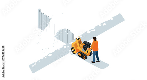 Isometric snow blower machine with operator clearing pathway in winter scene