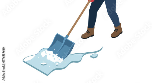 Person shoveling snow on winter day with ice and snowflakes in isometric style