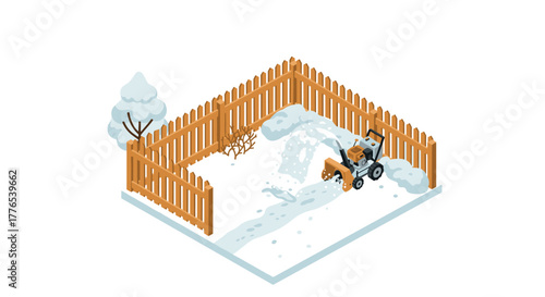 Isometric winter snow removal in backyard scene with snow blower and wooden fence