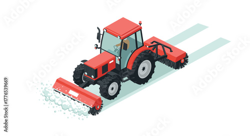 Isometric red street sweeper tractor with rotary brushes on a winter road