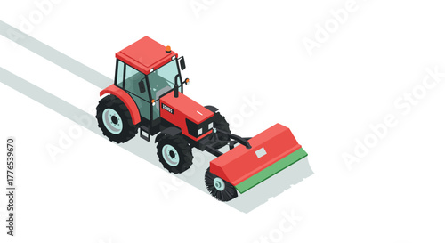 Isometric red tractor with sweeper attachment on white background