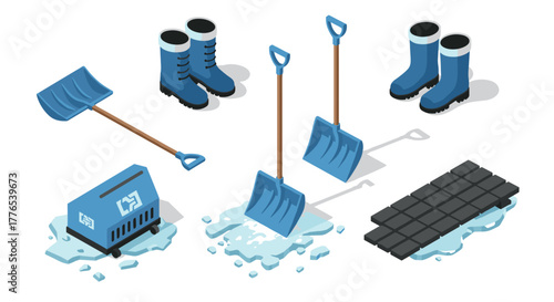 Isometric winter tools set with ice melting equipment and snow shovels