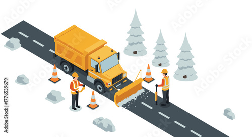 Snowplow and road crew clearing snow on winter highway in isometric style