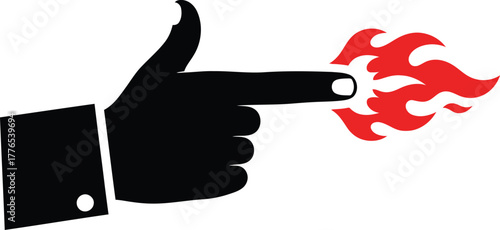 Stylized hand pointing finger gun with fiery emission on a clean white background, representing power and energy.