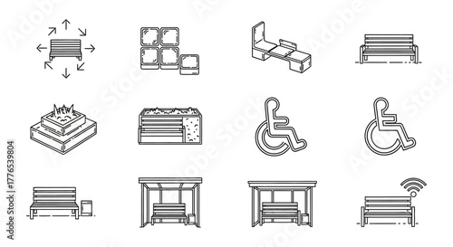 urban furniture icons showcasing bench designs bus stops planters and accessibility symbols ideal for urban planning and landscape architecture visuals