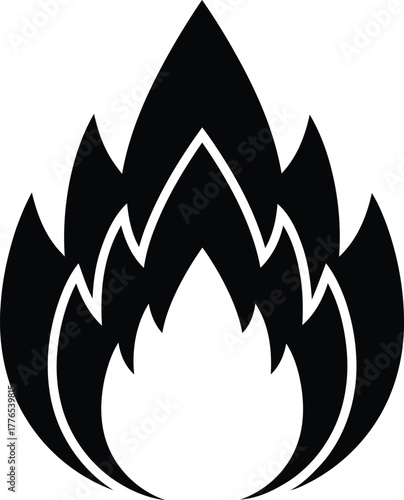 Stylized black flame icon on a clean white background, representing heat, energy, warmth, and danger