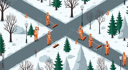 Winter maintenance crew clearing snowy park paths in isometric design