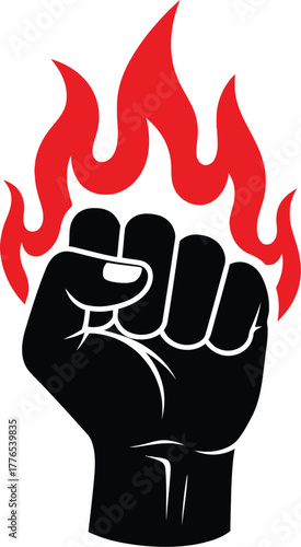 Clenched fist with red flames rising, symbolizing power, protest, revolution, and unity