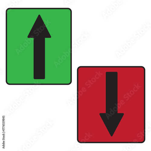 Simple up and down arrows. Upward, downward arrows in green and red isolated on white background, set of two. Vector illustration. EPS 10
