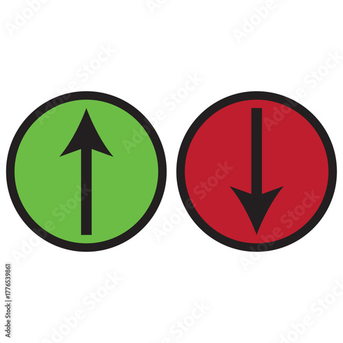 Simple up and down arrows. Upward, downward arrows in green and red isolated on white background, set of two. Vector illustration. EPS 10