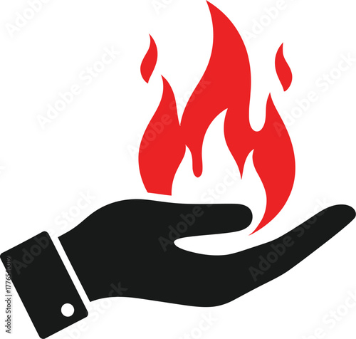 Hand holding burning flame icon concept representing power, passion, energy, and protection.