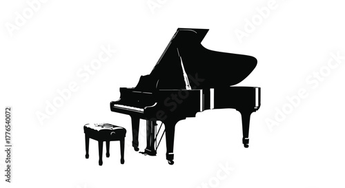 Elegant grand piano with a stool on a clean white background, ready for a musical performance.