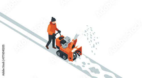 Isometric winter scene with person operating snow blower on snowy path