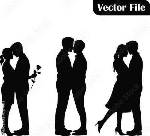 Silhouettes of couples in romantic poses love romance