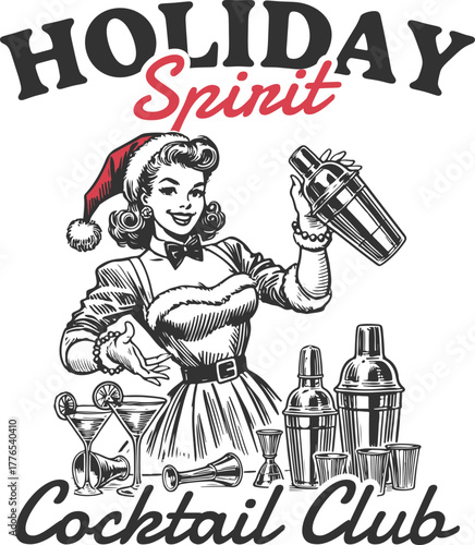 Retro Christmas pwoman as a bartender. "Holiday Spirit Cocktail Club" design. Vintage 1950s style illustration of a girl mixing drinks for a party.