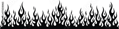Stylized black flame border design element with tribal fire motif on isolated white background