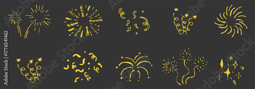 Firework Chalk hand drawn star blink, firework, glitter silhouette and glowing symbols in sketch style set. Confetti doodle grunge simple decoration.
