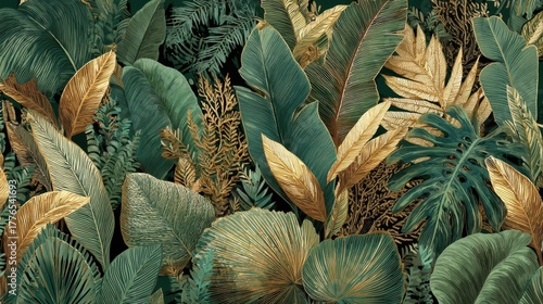 elegant green gold tropical leaves background