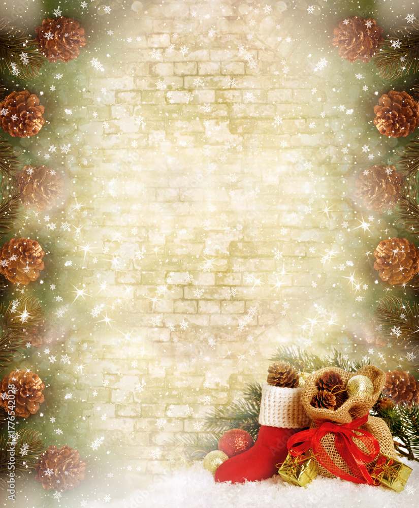 Naklejka premium Christmas vertical background with empty brick wall template, red Santa's boot and gift bag, decorative fir tree and cones. New Year winter holidays concept, snowy fairy tale magic abstract card.