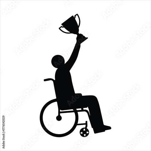 Wheelchair user triumphantly raises trophy, celebrating a victory.