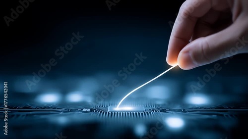 Hand connecting data cable to circuit board for digital technology concept