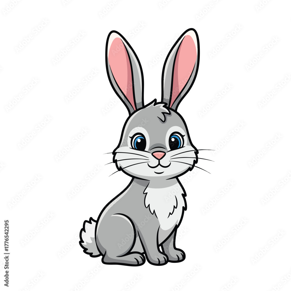 Fototapeta premium Cute Gray Cartoon Rabbit with Big Blue Eyes and Long Pink Ears Sitting and Smiling.