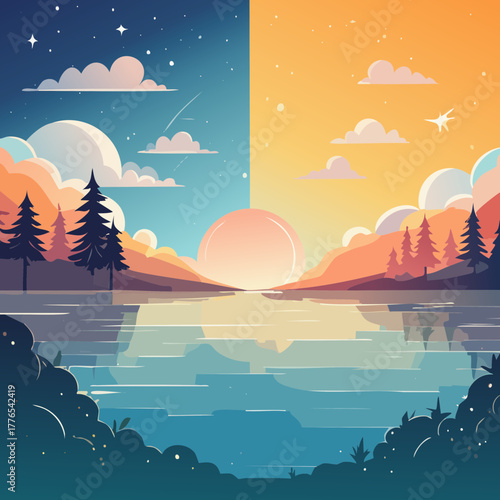 Day and Night Landscape Vector Illustration — Split Scenic Views with Sun, Moon, and Stars