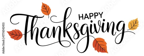 Happy thanksgiving handwritten text with autumn leaves isolated on white background